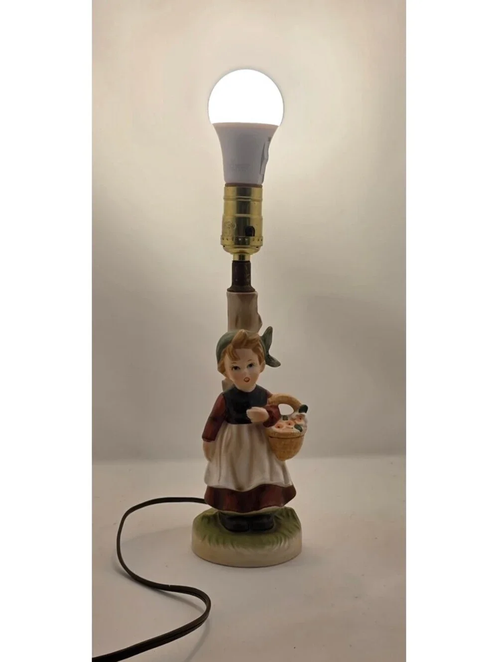 Vintage Ceramic Girl Flower Basket Figural Lamp Hummel Style Cottage Decor